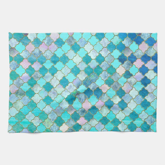Aqua Teal Gold Oriental Moroccan Tile pattern Tea Towel (Horizontal)