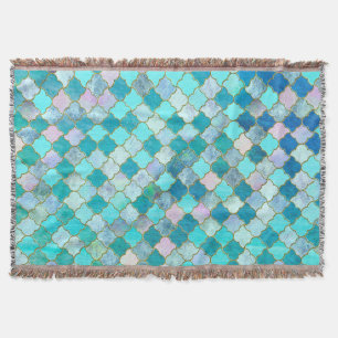 Aqua Teal Gold Oriental Moroccan Tile pattern Throw Blanket