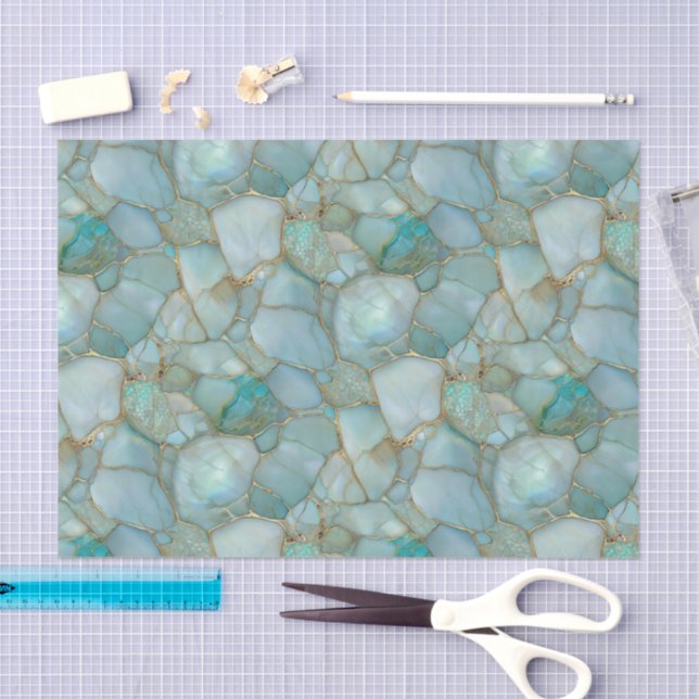 Aqua Teal Gold Watercolor Mosaic Sea Glass  Tissue Paper (Craft)