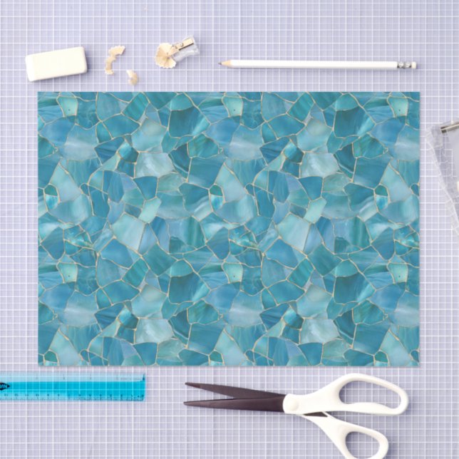 Aqua Teal Gold Watercolor Mosaic Stained Glass  Tissue Paper (Craft)