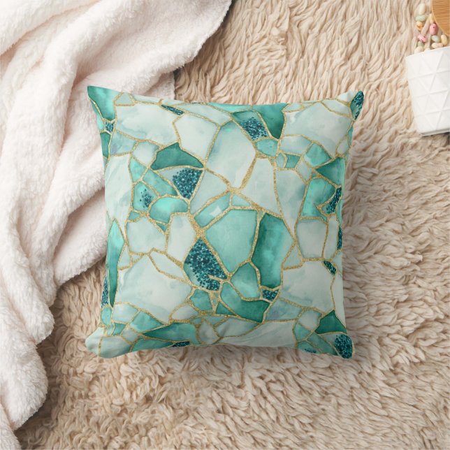 Aqua Teal Gold Watercolor Sea Glass Mosaic Pattern Cushion (Blanket)