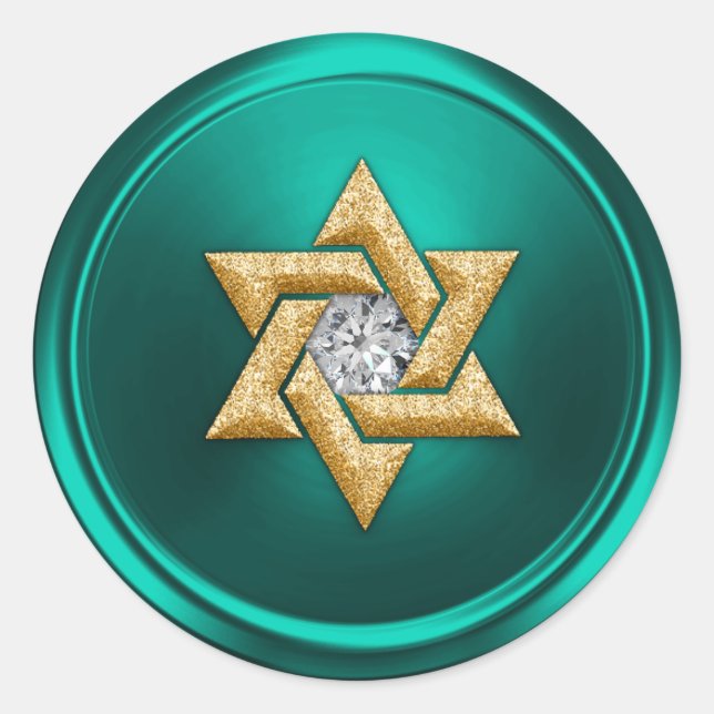 Aqua Teal Green and Gold Star of David Classic Round Sticker (Front)