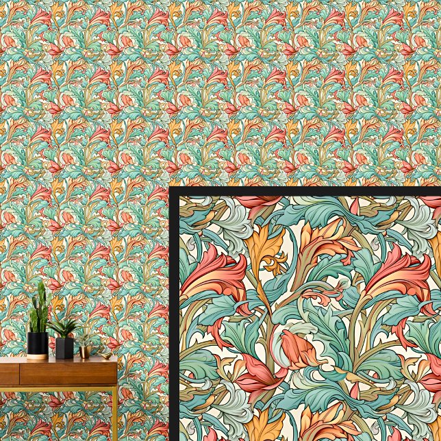Aqua Teal Green Orange Art Nouveau  Wallpaper (Creator Uploaded)
