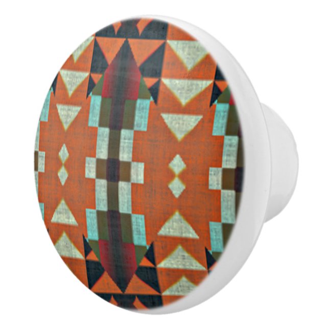 Aqua Teal Green Orange Taupe Beige Tribal Art Ceramic Knob (Right)