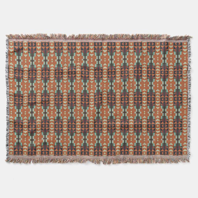Aqua Teal Green Orange Taupe Beige Tribal Art Throw Blanket (Front)