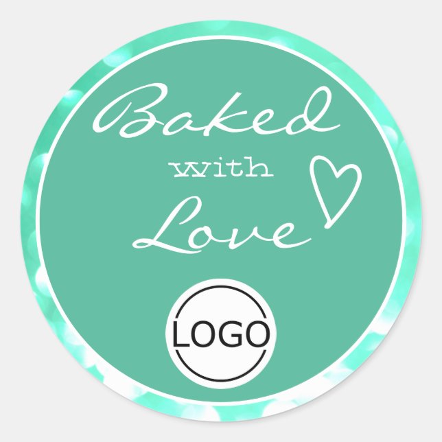Aqua Teal Green Orbs Frame Baked with Love Logo Classic Round Sticker (Front)