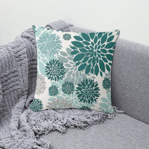 Aqua Teal Grey Flower Pattern Cushion