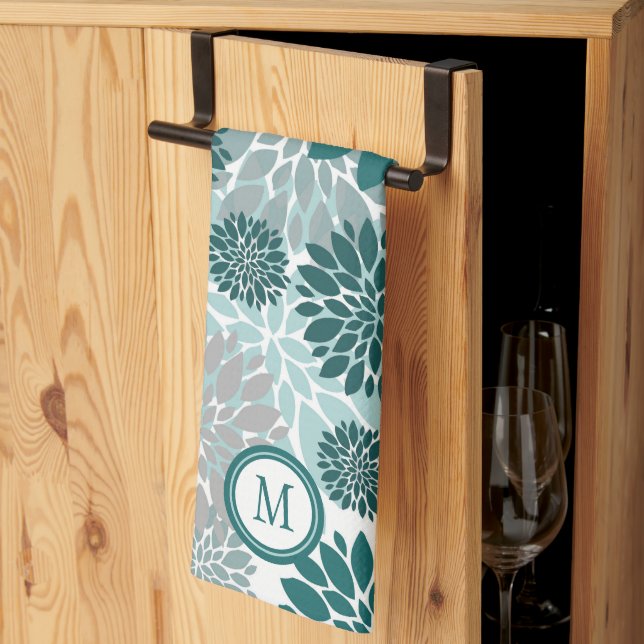 Aqua Teal Grey Flower Pattern Monogram Tea Towel (Thirds Fold)