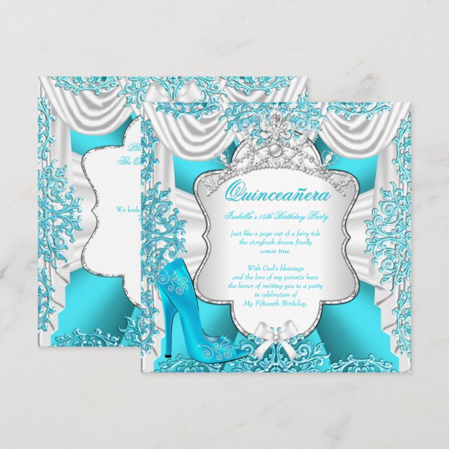 Aqua Teal High Heels Princess Quinceanera 15th Invitation (Front/Back)