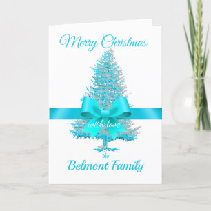 Aqua Teal Holiday Tree Ribbon Bow Custom Name Card