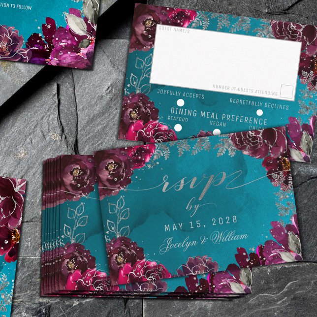 Aqua Teal Merlot Jewel Tone 3 Meal Choice RSVP Card (Aqua Teal Merlot Jewel Tone Wedding
RSVP Meal Choice)