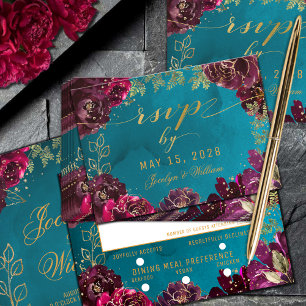 Aqua Teal Merlot Jewel Tone Gold Meal Choice RSVP Card