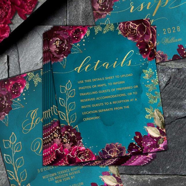 Aqua Teal Merlot Jewel Tone Gold Wedding Details Enclosure Card (Aqua Teal Merlot Gold Jewel Tone Wedding Details Enclosure Card)
