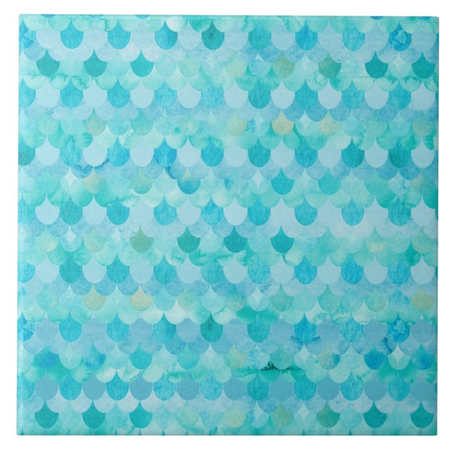 Aqua Teal Mermaid Scales Fish Scales Pattern Tile (Front)