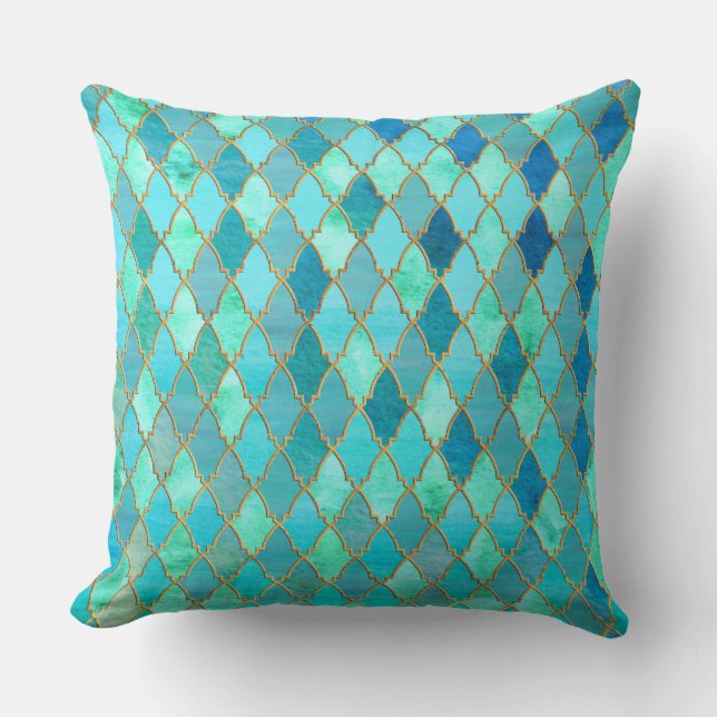 Aqua Teal Mint Gold Oriental Moroccan Tile pattern Cushion (Front)