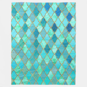 Aqua Teal Mint Gold Oriental Moroccan Tile pattern Fleece Blanket
