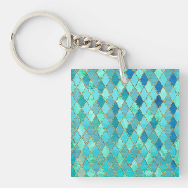 Aqua Teal Mint Gold Oriental Moroccan Tile pattern Key Ring (Front)