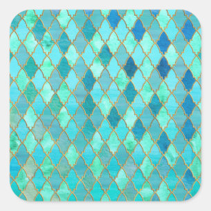 Aqua Teal Mint Gold Oriental Moroccan Tile pattern Square Sticker