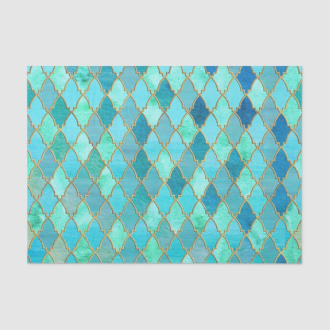 Aqua Teal Mint Gold Oriental Moroccan Tile pattern Tissue Paper (Front)