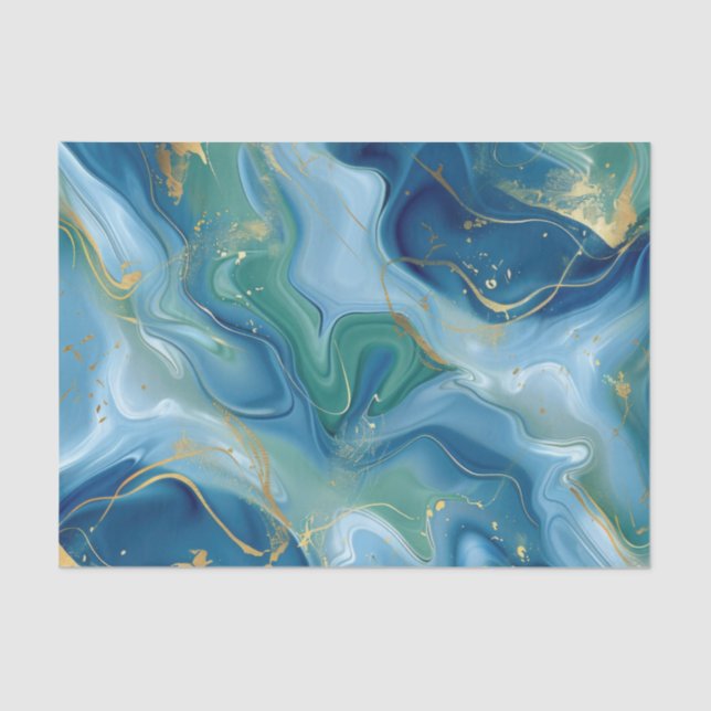 Aqua Teal Mint Gold Watercolor Abstract Decoupage  Tissue Paper (Front)