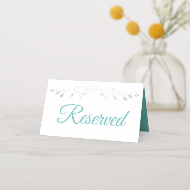 Aqua Teal on White Elegant Wedding Reserved Place Card (Front)