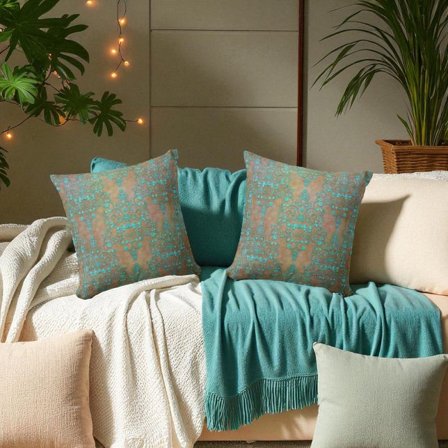 Aqua Teal over Brown Vintage Damask Design Cushion (Creator Uploaded)