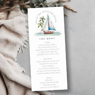 Aqua Teal Sailboat Palm Seascape Wedding Menu Card