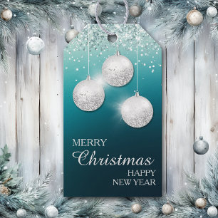 Aqua Teal Silver Glitter Christmas Bulbs Gift Tags