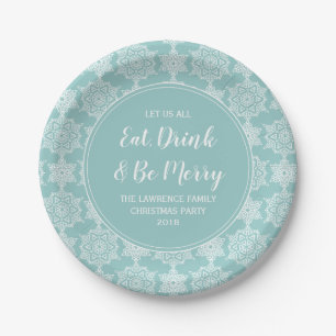 Aqua Teal Snowflake Eat Drink Christmas Party Paper Plate