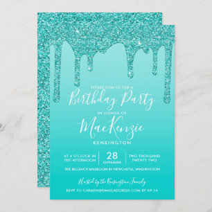 Aqua Teal Sparkle Glitter Drips Any Year Birthday Invitation