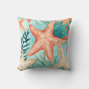 Aqua Teal Starfish Beachy Seashell Pattern Cushion