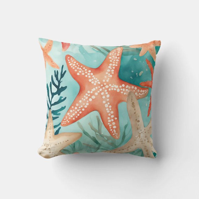 Aqua Teal Starfish Beachy Seashell Pattern Cushion (Front)