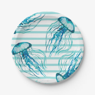 Aqua Teal Stripes Watercolor Jellyfish Paper Plate