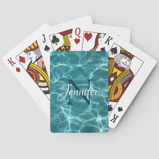 Aqua Teal Swimming Pool Photo Chic Monogram Playing Cards (Back)