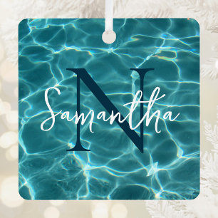 Aqua Teal Swimming Pool Photo Monogrammed Metal Tree Decoration