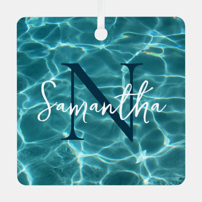 Aqua Teal Swimming Pool Photo Monogrammed Metal Tree Decoration (Front)