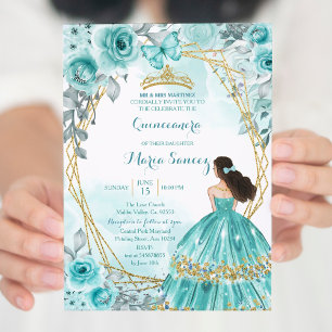 Aqua Teal Turquoise2 Rose & Butterfly Mis Quince Invitation