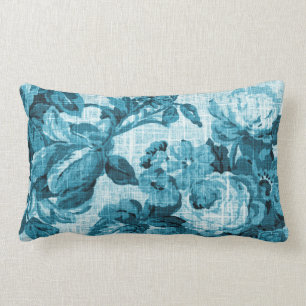 Aqua Teal Turquoise Blue Floral Toile Fabric No.5 Lumbar Cushion