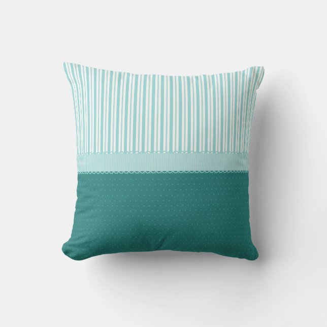Aqua Teal Turquoise Blue Stripes Polka Dots Cushion (Front)