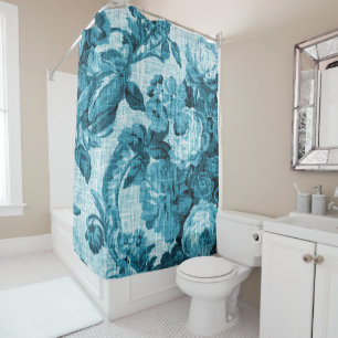 Aqua Teal Turquoise Blue Vintage Floral Toile No.5 Shower Curtain