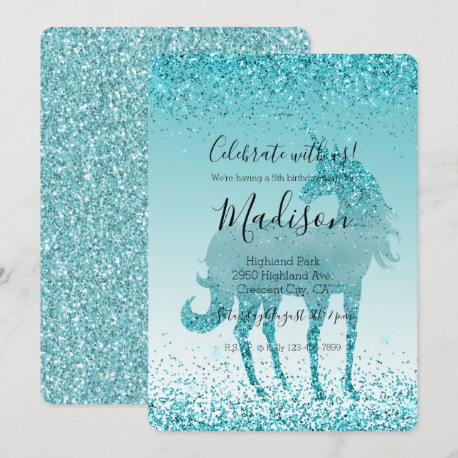 Aqua Teal Turquoise Sparkle Unicorn Invitation (Front/Back)