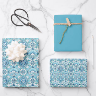 Aqua, Teals, Blues & White Art Deco Coastal Wrapping Paper Sheet