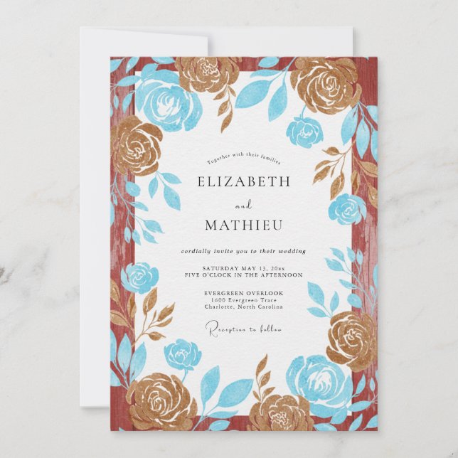 Aqua Terracotta Rose Wedding Invitation (Front)