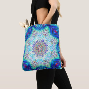 Aqua to royal blue kaleidoscope eight points star tote bag