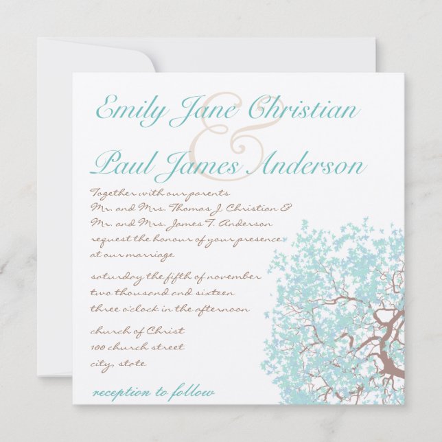 Aqua Tree Brown Trunk Wedding Invites (Front)