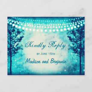 Aqua Trees String Lights Wedding RSVP POSTCARDS