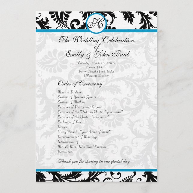 Aqua Trim Black Damask  Wedding Program Programme (Front)