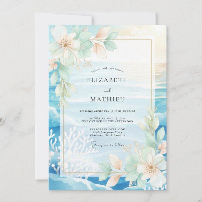 Aqua Tropical Coral Eucalyptus Wedding Invitation (Front)