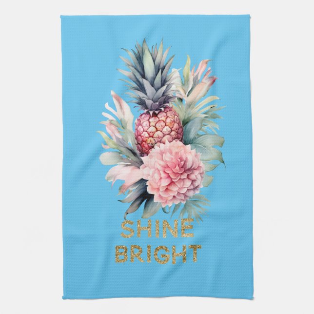 Aqua Tropical Gold Glitter Shine Pineapple Tea Towel (Vertical)