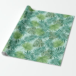 Aqua Tropical Leaves Vacation Wrapping Paper